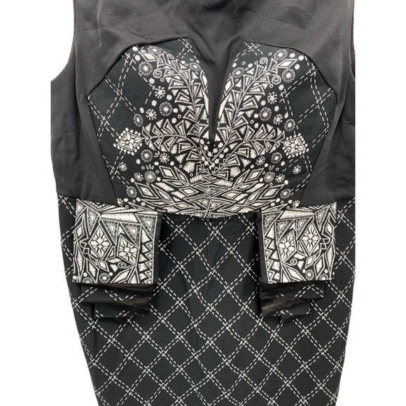 VINTAGE SPIEGEL WOMEN MIDI PENCIL SHEATH BLACK GEOMETRIC PATTERN DRESS‎ SZE 14 - Picture 2 of 8